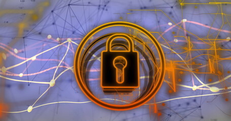 Poster - Floating glowing padlock icon illuminating digital network space, with grid overlay and node points