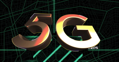 Poster - 5G image glowing over digital map background with vibrant blue light