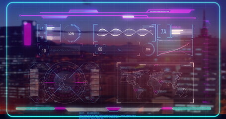 Poster - Image of futuristic digital interface showing data and world map over cityscape