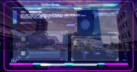 Poster - Image of futuristic digital interface with global data over cityscape background