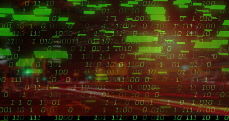 Poster - Image of binary code with green data blocks overlaying cityscape at night
