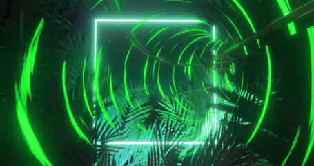 Poster - Creating futuristic vibe, neon green geometric shapes with palm leaves image