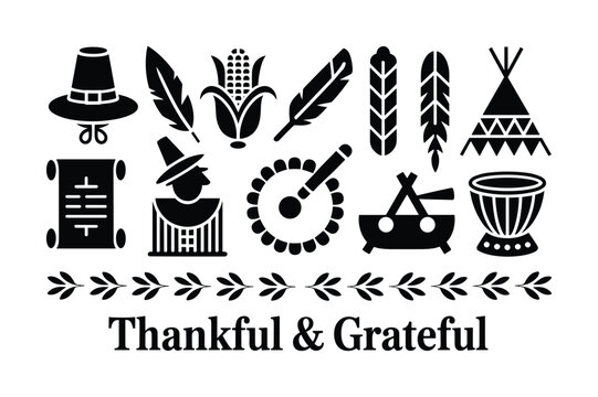 Pilgrim hat corn feathers scroll teepee drum and text vector