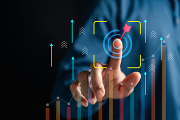 Aufkleber - Businessman target chart icon with upward growth arrows. Concept of investment goal, success strategy, business performance, and financial planning in digital marketing.