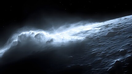 Wall Mural - A view of a rocky planet surface with a bright cloud formation against a starry black sky above it