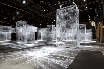 Aufkleber - Installation art with illuminated cubes creating a visual spectacle in a dark hall