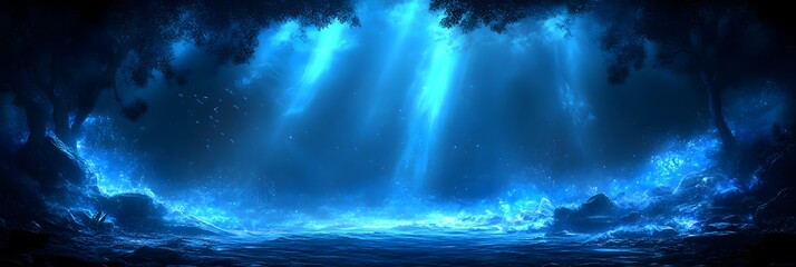 Wall Mural - A digital painting of a dark blue cave illuminated by bright ethereal light from the opening above