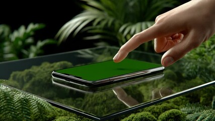 Poster - Smartphone on a Glass Surface Surrounded by Greenery