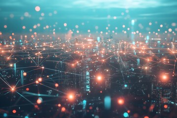Aufkleber - Digital connection over cityscape, futuristic network technology and communication