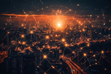 Aufkleber - Cityscape at sunset with glowing network connections for technology and communication