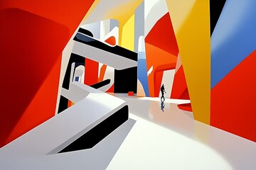 Aufkleber - Abstract art illustration of modern architecture with a figure walking in a colorful space