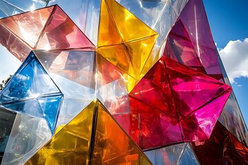 Aufkleber - Colorful Geometric Sculpture with Transparent Panels Reflecting Sunlight and Sky Architecture