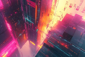 Aufkleber - Futuristic cityscape with vibrant neon lights abstract architecture and geometric patterns
