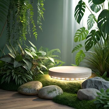 Wooden podium with monstera plants on the left for product placement ,3d Render