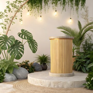 Wooden podium with monstera plants on the left for product placement ,3d Render