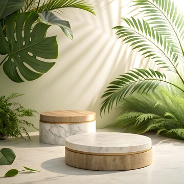 Wooden podium with monstera plants on the left for product placement ,3d Render