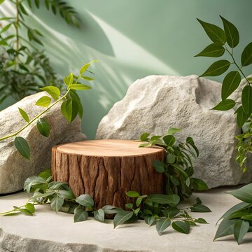 Wooden podium with monstera plants on the left for product placement ,3d Render
