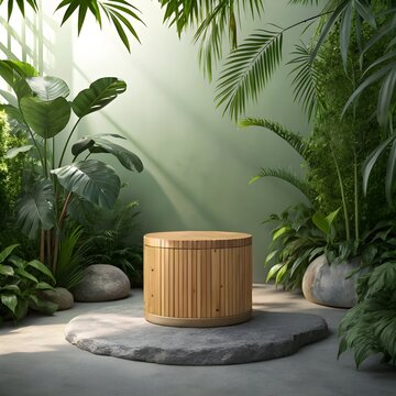Wooden podium with monstera plants on the left for product placement ,3d Render
