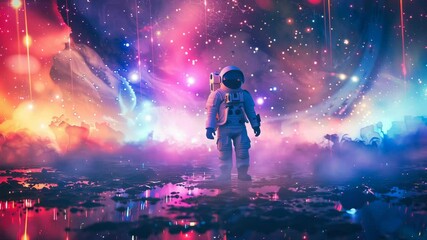Wall Mural - An astronaut standing on an alien planet, under a stunning colorful sky