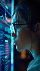 Poster - A young woman with glasses looking at data and graphs on a screen