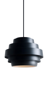 Black layered modern pendant lamp. Contemporary black pendant lamp with a layered geometric design, isolated on white. Perfect for interior renderings, modern lighting concepts, or catalogs.