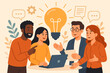 © Daniela - Diverse business team brainstorming, sharing creative ideas, teamwork collaboration, group discussion, innovation, knowledge exchange, office meeting, light bulb concept, cartoon vector illustration