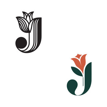 Elegant Black and Teal Letter J Floral Logo Designs with Tulip Motif monogram