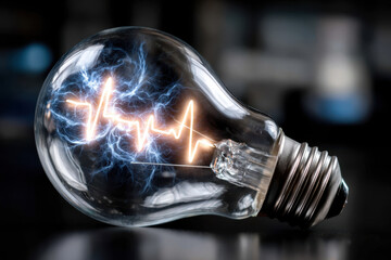 Poster - Creative representation of a light bulb emitting electric energy and heartbeat pattern