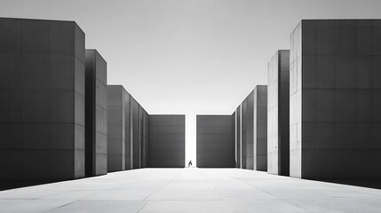 Poster - Flat concrete buildings aligned vertically, minimal shadows, clean symmetry from the ground up against light sky 