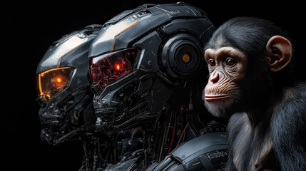 Poster - Group of futuristic humanoid robots with glowing cybernetic helmets standing beside a chimpanzee, symbolizing the intersection of artificial intelligence, evolution, and machine consciousness. Dark sc
