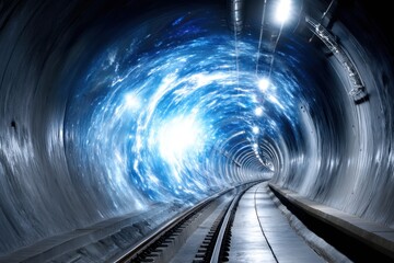 Poster - Mysterious tunnel showcasing vibrant cosmic lights and tracks leading into the unknown