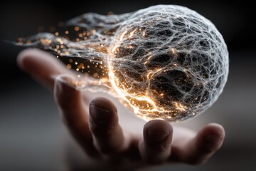 Fototapete - Glowing Holographic Sphere in Hand Abstract Neural Field