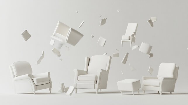 Abstract scene of white armchairs and books floating in a minimalist setting