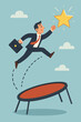 © Hannah - Businessman jumping on a trampoline reaching for a star. Concept of success, career growth, ambition, and goal achievement. Metaphor for business opportunity, motivation, and aspiration.