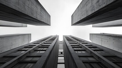 Poster - Tall brutalist towers viewed from a courtyard upward, concrete dominating with harsh shadows and sky 