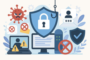 Poster - Cybersecurity protection against malware, phishing, spam, virus attacks. Secure data, shield, lock, warning alerts, email security, password safety, vector illustration, digital defense concept