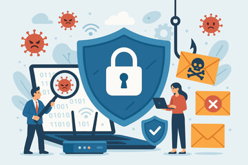 Poster - Cybersecurity protection against malware, phishing, and email threats. Secure network, spam filtering, virus detection, data privacy, internet safety. Vector illustration of digital defense.
