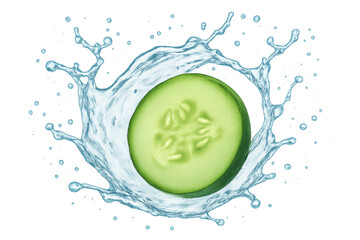 Poster - Cucumber slice diving into crystal-clear water, generating dynamic splash for wellness, skincare, and refreshing drink concepts with pristine transparent backdrop
