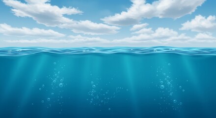 Wall Mural - Cartoon ocean scene with blue water bubbles and sun rays beneath a sky with white clouds above