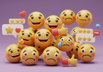 Fototapete - A collection of yellow emojis with various expressions on a purple background in a digital rendering