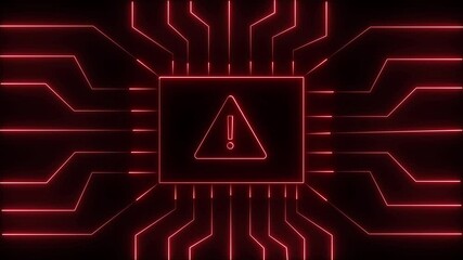 Fototapete - Abstract digital circuit board with glowing red warning symbol illuminating technical alert. Exclamation symbol indicates system error or caution.Circuit board with exclamation sign shows alert