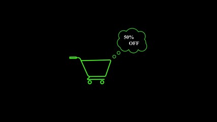 Poster - Animated neon green shopping cart with a 50 percent off promotion thought bubble on black background