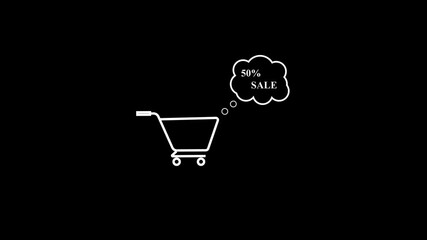 Poster - Animated shopping cart thinking about fifty percent sale with white outline on black background