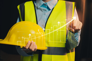 Poster - Growth concept. Construction Worker with Safety Helmet and Progress Graph Illustrating Growth in Construction Industry Performance