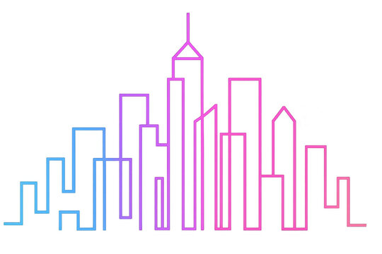 Neon-lit urban skyline glowing with electric energy, rendering futuristic cityscape against transparent backdrop
