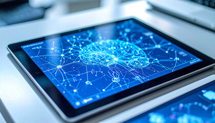 Poster - Digital Brain: A captivating image showcases a digital tablet displaying a complex neural network overlaying a human brain, symbolizing innovation and technological advancement. 