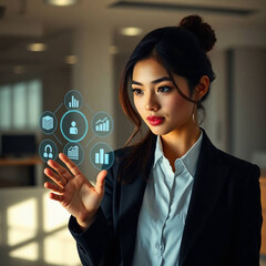 Fototapete - A businesswoman interacts with a futuristic digital interface showing graphs and charts