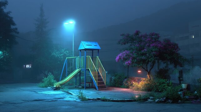 Empty Playground at Night Under Soft Blue Light