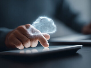 Poster - A hand touches a tablet, activating a cloud graphic. Represents data, technology, connectivity, and the digital future. Ideal for tech and business concepts.