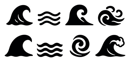 Wave, ocean solid icon set. water, surf, sea, marine symbols collection